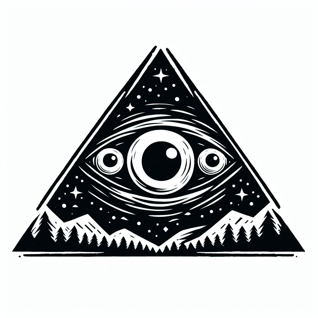 A triangular lino cutting template of a multi-iris eyeball overseeing a forest.