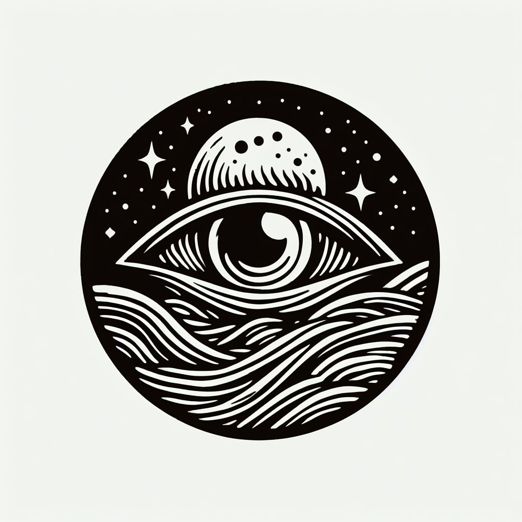 Circular lino cutting template of a floating eye over the waves with a full moon in the background.